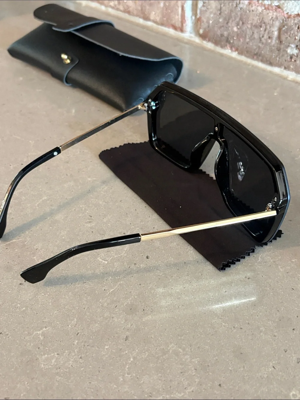 Women’s Oversized Black Shield Sunglasses with Case With Gold